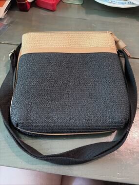 Magid Crossbody Bag Paper Straw Two Tone Black And Tan Canvas Strap RN 90894